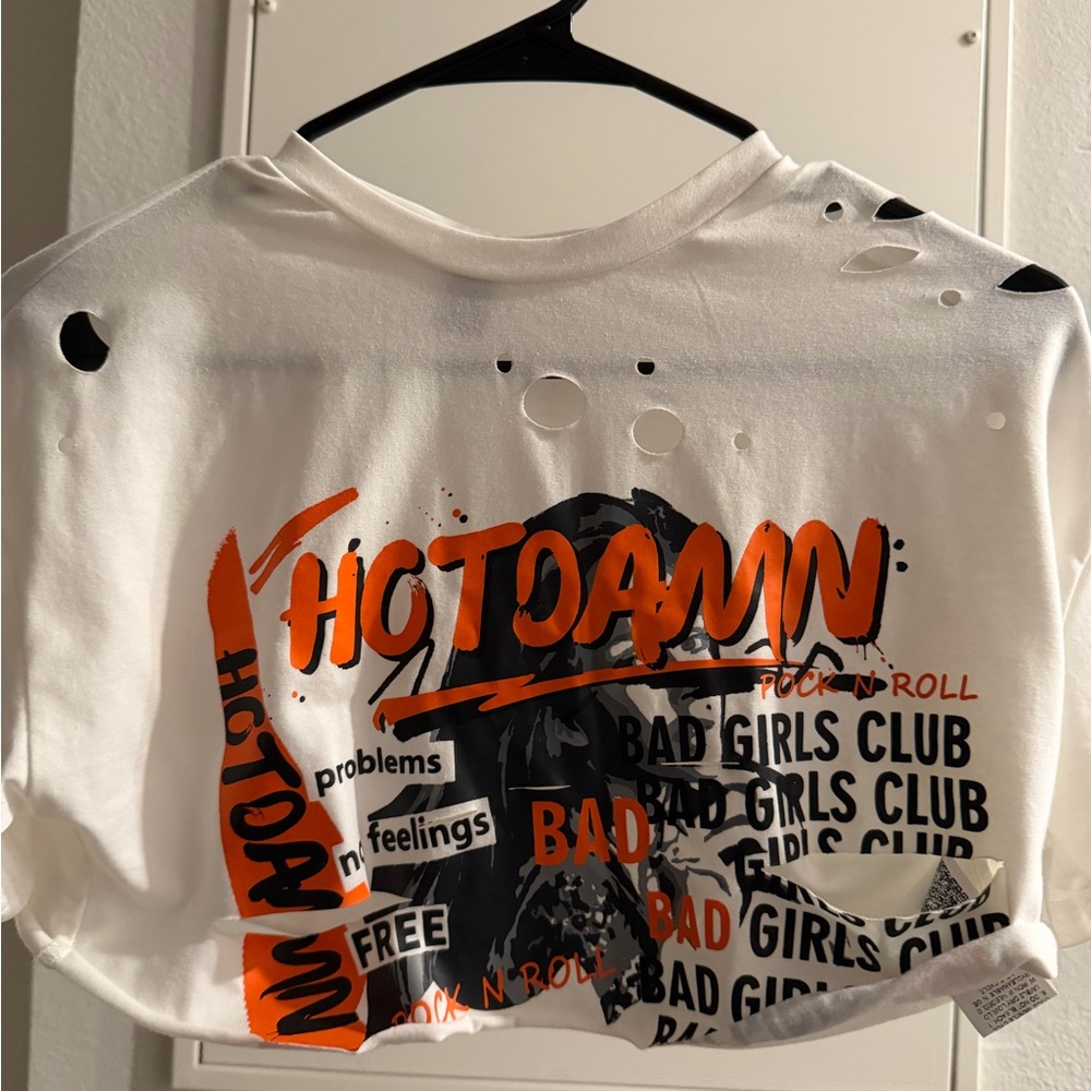 HOTJOANN Graphic Distressed White Tee with Orange & Black Print